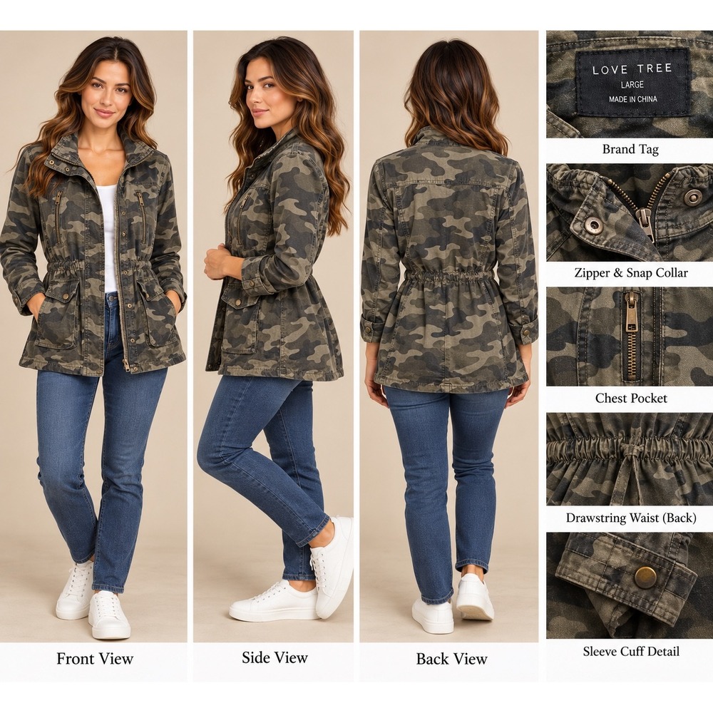 Love Tree Utility Jacket Womens Large Green Camo Streetwear Americana Drawstring
